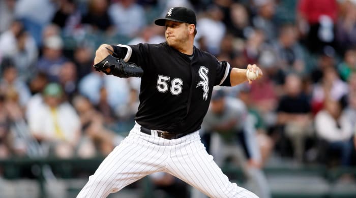 White Sox starting pitcher Mark Buehrle delivers a pitch during the second inning against the Cleveland Indians at US Cellular Field. The White Sox won 10–6.